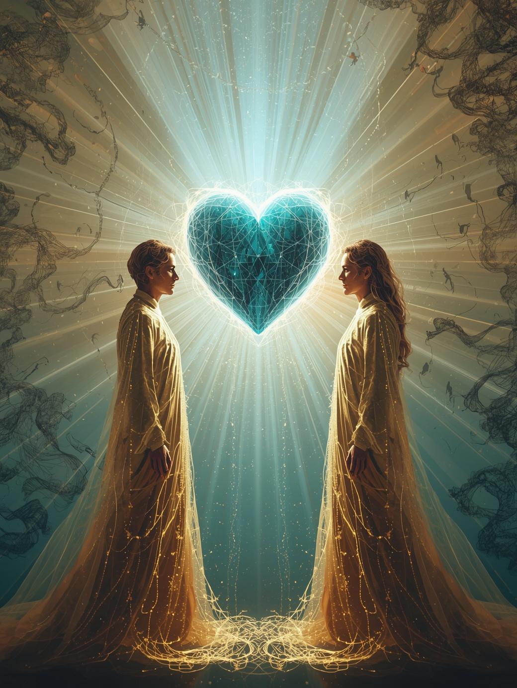 filmszene‑fokus, ifs‑konform, „couples & relationship set – systemische muster & transgenerationale verstrickungen“ mystisches, leuchtendes fantasy‑bild in hochwertiger digitaler fantasy‑art mit fein